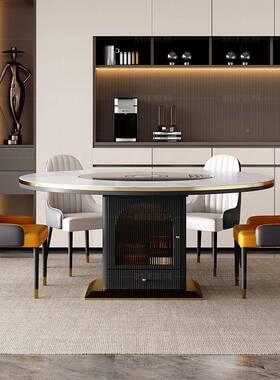 0A轻奢多能M岩板餐桌0椅组合家用伸缩圆形8C暖F77TM8JJ菜内嵌转盘