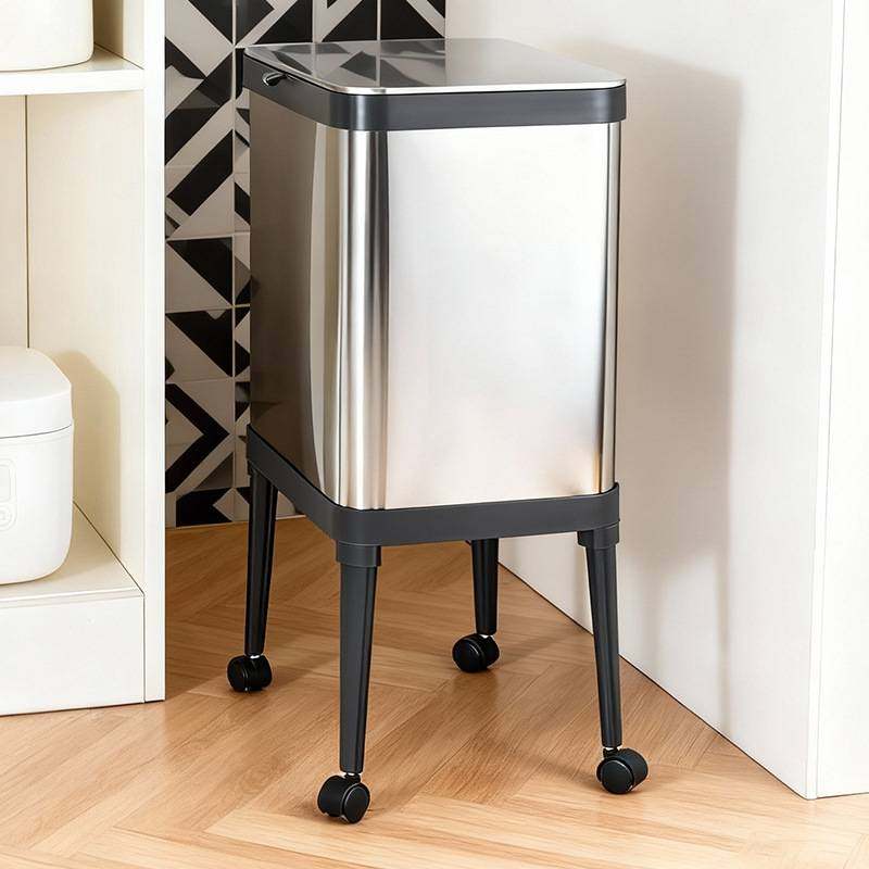 双艺垃圾桶不锈钢高脚厨房垃圾桶家用免弯腰大号大容量带轮垃圾桶