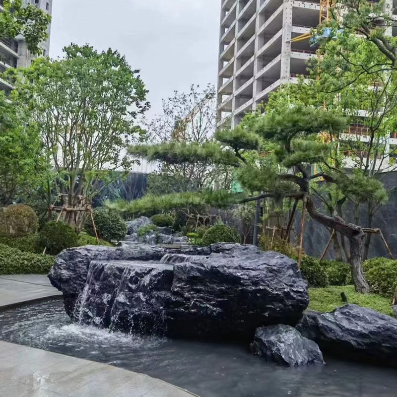 天然黑山石雕庭院日式喷泉水钵