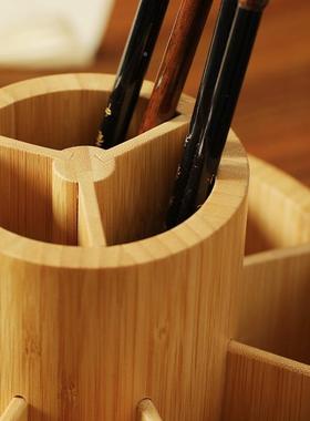 创意圆形可动木笔筒毛笔文房转四宝学生公室71587办桌面竹多功能