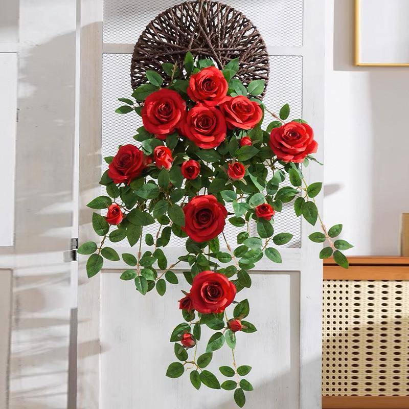 61703232真花壁饰挂墙高壁装花挂花吊花假仿花藤条档仿生玫瑰花藤