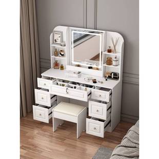 实木梳妆台卧室简约现代小型大容量储物柜化妆桌轻奢触摸灯化妆台