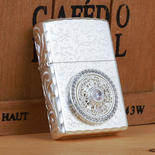 Zippo/之宝心动罗盘手雕咬边繁花镶钻可转动罗盘项链套装男友礼物