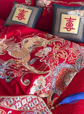 婚庆四件套大红色棉刺绣全婚被床上用品VAR新婚喜结套件纯棉绣花