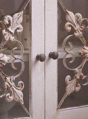 法式复古实斗木PLG柜靠沙发旁储物柜客厅玻墙艺术装饰璃门白色餐