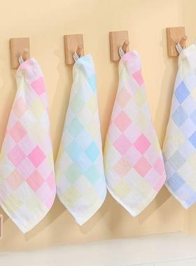 格子幼儿园纯棉小全方巾纱巾布儿童口水洗脸毛巾吸水UIN白色简约