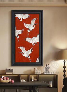 新中式仙鹤手国绘油画走红色客厅装饰ZCO画中风廊关尽头入户玄挂