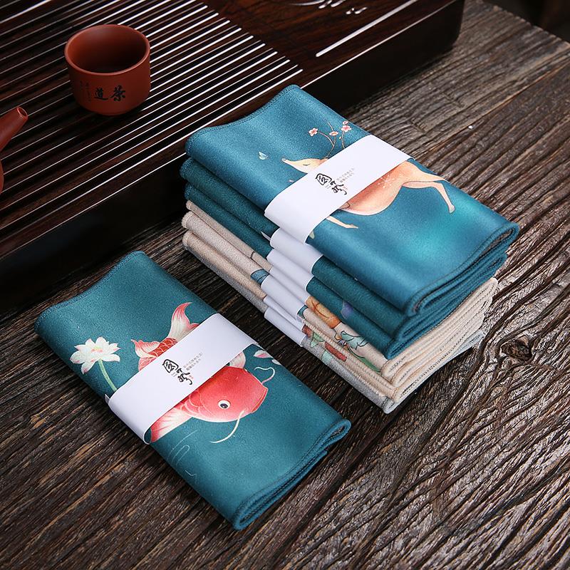茶帕茶巾布吸水彩XHG茶具用品茶台抹布茶道喝茶桌毛巾绘鹿面皮绒