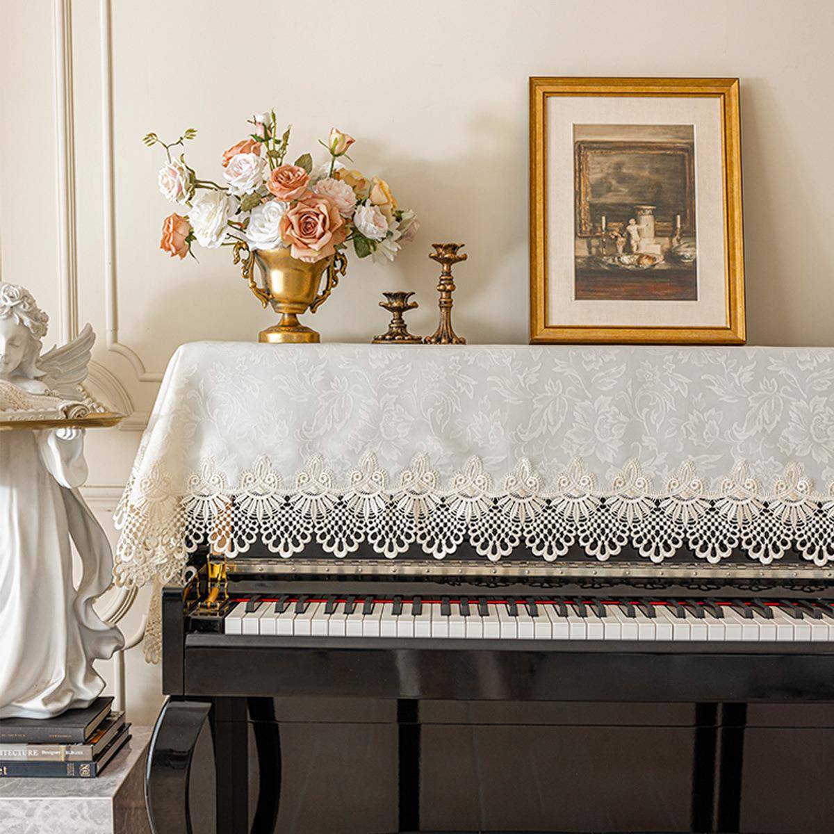 尘欧式琴罩蕾丝布艺防尘盖布钢法式钢琴XNX罩田园风钢防琴盖巾防