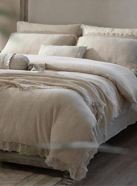 棉麻古亲法式花边肤提花40331套三复层纱床单被四件套床笠三件套