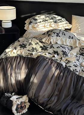 复古四GAU风纯棉水墨晕染提花件套法欧式黑色根纱泡泡褶套皱被床