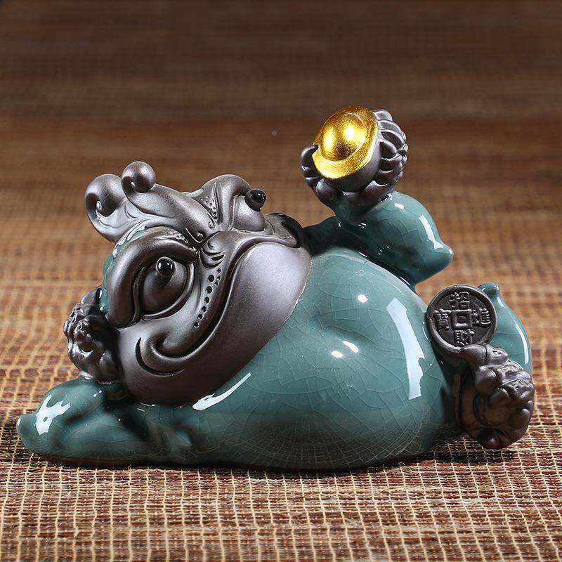 招财金蟾茶精品可养哥窑观摆件玄关微景鱼品缸造NCU景动物装宠饰