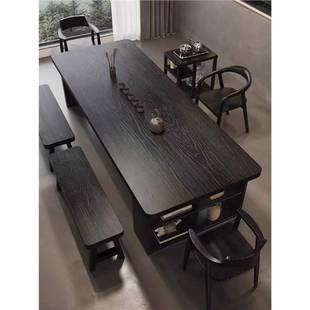 极简实木电脑书桌大板桌黑色长条办公会议桌老板泡茶接待桌工作台