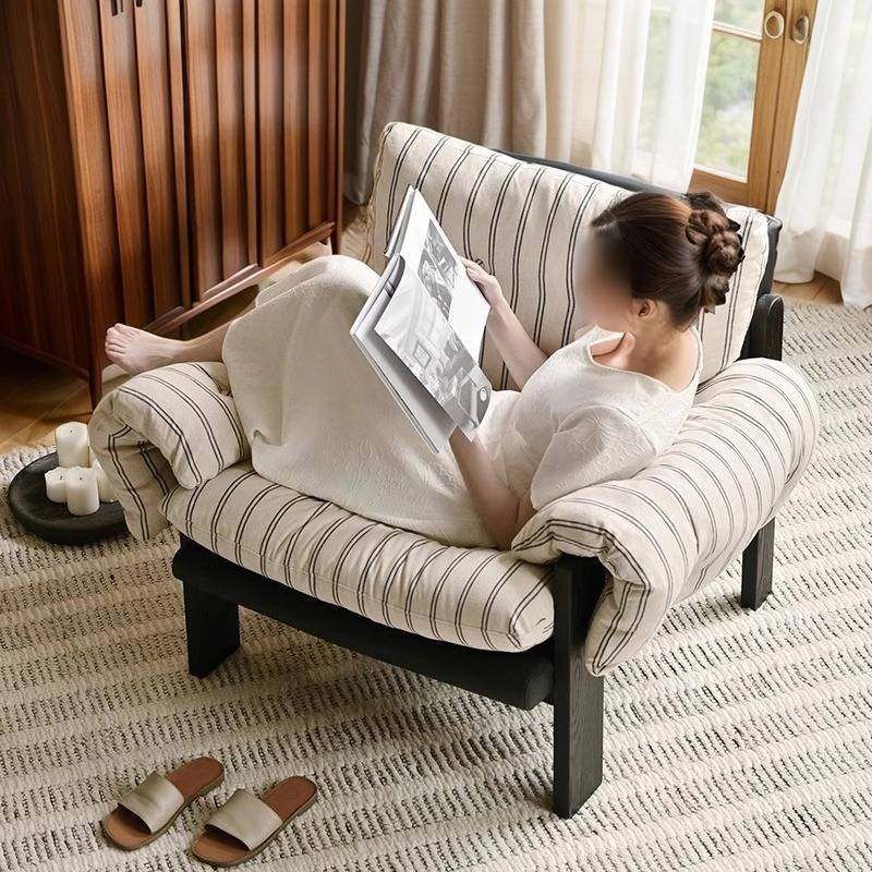 法式复古单人沙发椅中古风客厅棉麻可拆洗慵懒休闲椅条纹懒人沙发