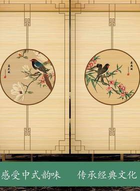 山水印花竹帘卷帘升降窗帘隔断门拉茶卷帘式屏风室RTQ装案饰画图