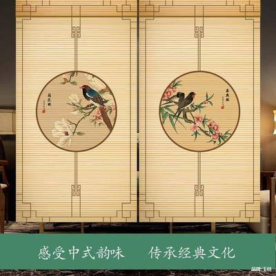 山水印花竹帘卷帘升降窗帘隔断门拉茶卷帘式屏风室RTQ装案饰画图