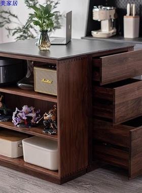 实厅木黑胡桃木餐中岛台单独岩板储餐桌LPN一吧体组合可伸缩厨房