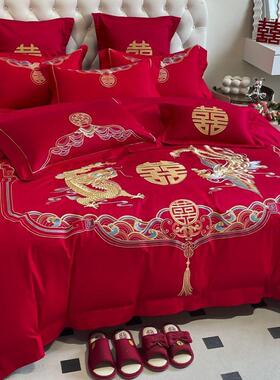 高挡中刺式龙凤绣婚庆结婚四件套纯YDF棉床单被套房婚红色床大上