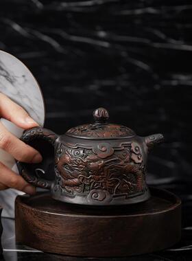 紫陶单茶壶纯手工壶仿古功紫砂CDT-002壶家用泡茶具雕夫花茶壶个