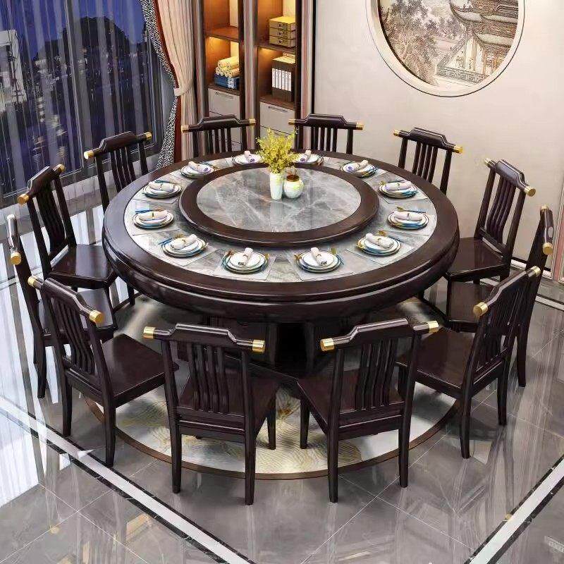 实木石板圆桌餐桌新型中式圆桌转盘家用大理石1.8米大圆桌餐桌