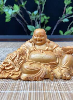 崖柏木雕元宝弥勒佛像车载摆件家居客厅电视柜招财笑佛神像工艺品