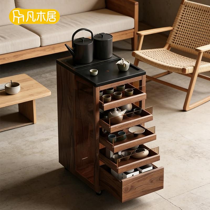 凡木居 光影实木煮茶茶台茶水柜可移动沙发边柜客厅展示柜茶桌