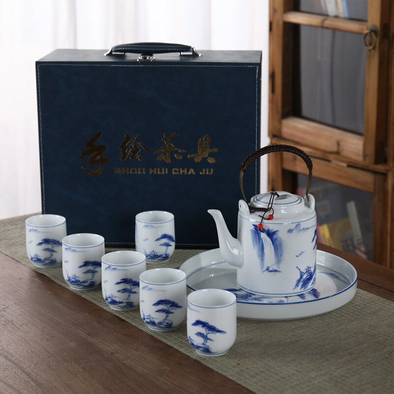 景德镇手绘青花瓷功夫茶具套装大号陶瓷提梁壶茶杯茶盘整套礼盒装