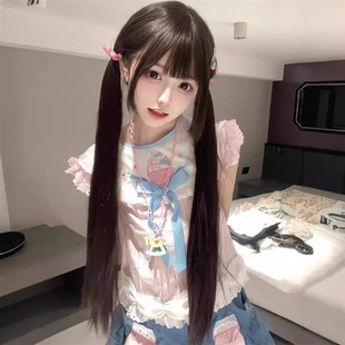 心心果家假发少萝自然黑温柔lolita含鬓角85cm长直齐刘海全头套式