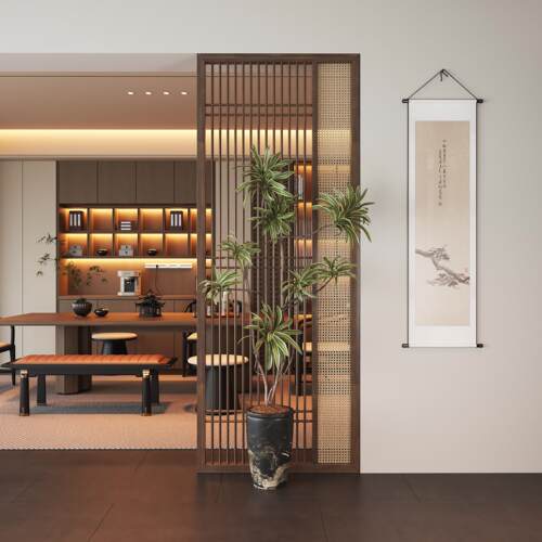 新中式屏风隔断客厅实木格栅饭厅茶室入户正对门玄关遮挡藤编定制