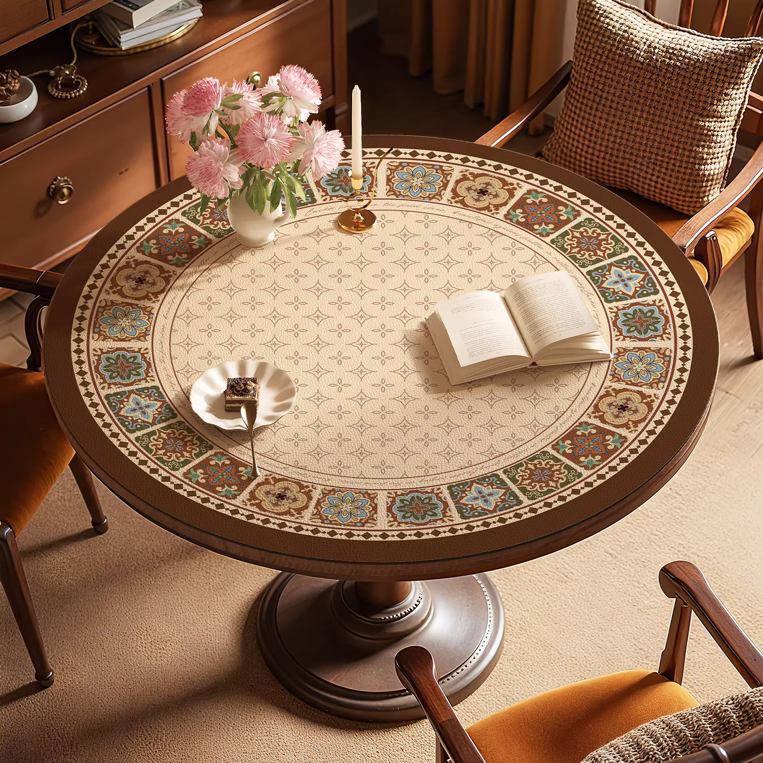 中古风圆桌桌垫防水防油免洗隔热餐桌垫复古高级感圆形茶几保护垫,居家布艺,桌布,淘宝优惠券,粉丝福利购,淘宝优惠卷