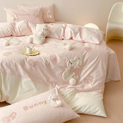 可卡通.风兔兔刺绣单双人1.215m床品纯棉水爱洗棉四NHP件套家三纺