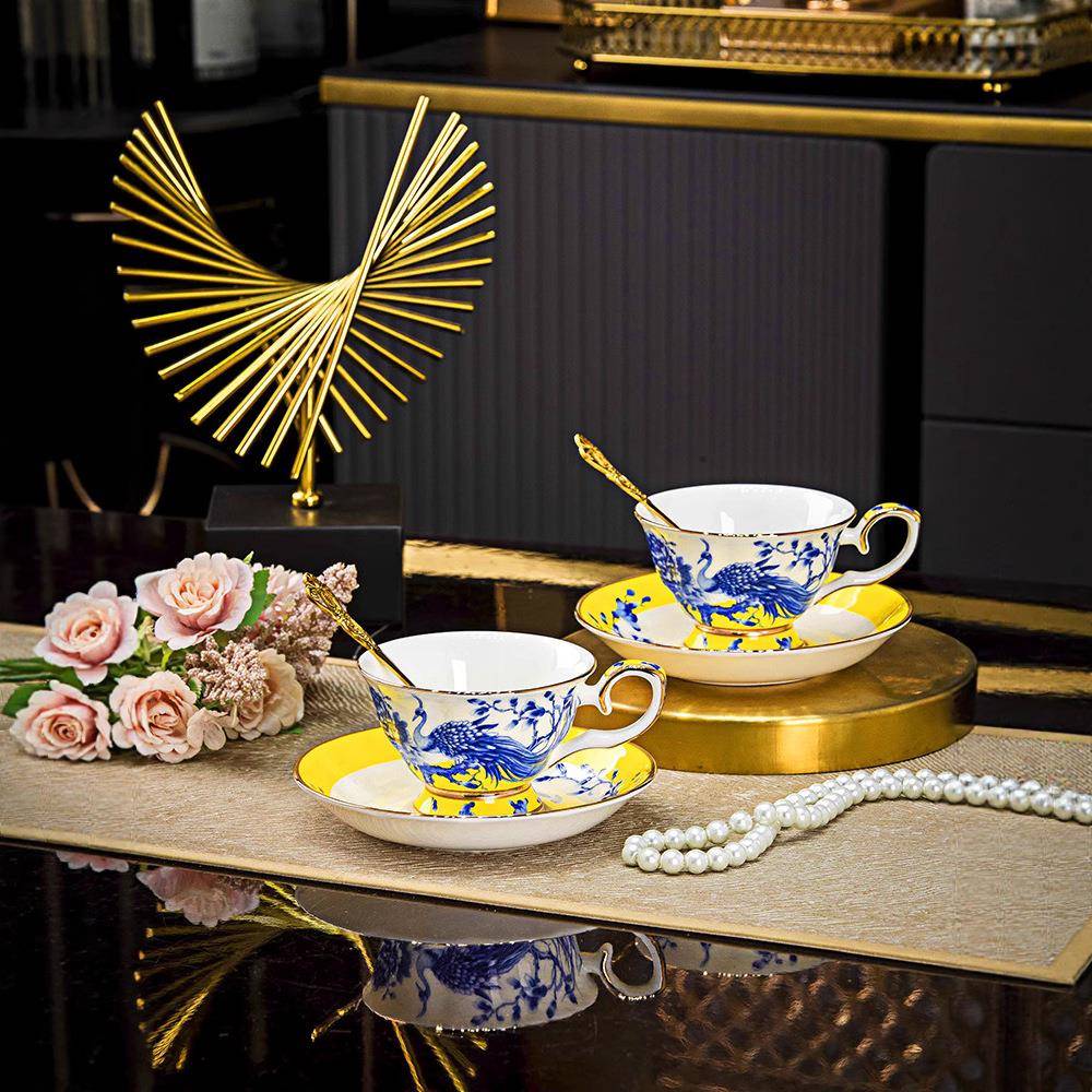 凤鸣朝阳英式咖啡杯套装陶瓷骨瓷家用下午茶杯碟花茶红茶咖啡杯碟