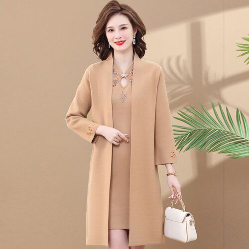 妈妈装秋冬两件套装旗袍大码毛衣中长款外套中老年女装宽松连衣裙