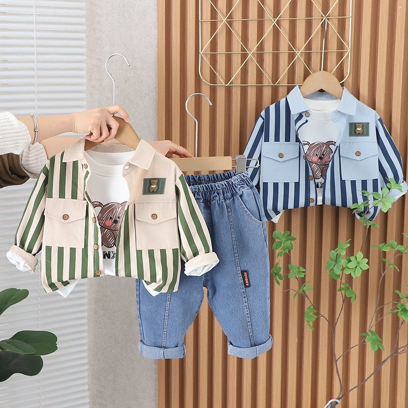男童春装套装2024新款儿童竖条纹拼块衬衫外套宝宝炸街休闲三件套,童装/婴儿装/亲子装,套装,淘宝优惠券,粉丝福利购,淘宝优惠卷