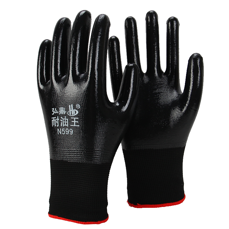 弘鼎N599尼龙丁腈全挂手套劳保手套全浸胶满挂胶机械维修耐油包邮