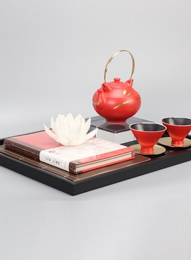 新中式国风红茶具莲花托盘组合摆件样板房间售楼处茶室茶几饰品