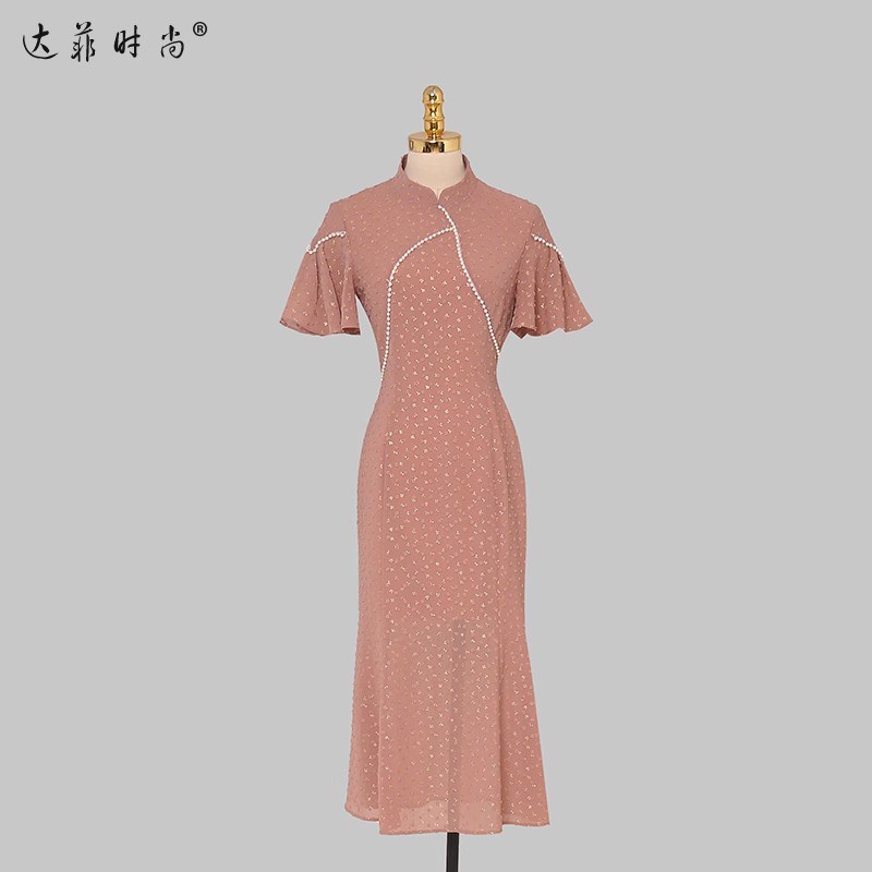 夏季女装2025新款气质橘色修身收腰显瘦雪纺旗袍连衣裙长裙女