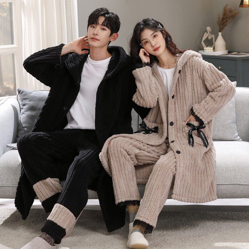 秋冬季珊瑚绒睡袍女加绒加厚法兰绒加长睡衣男士情侣浴袍浴衣套装