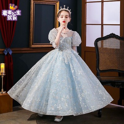 闪亮连衣裙宴会礼服女童生日公主裙儿童演出服中大童长纱裙蓝女孩