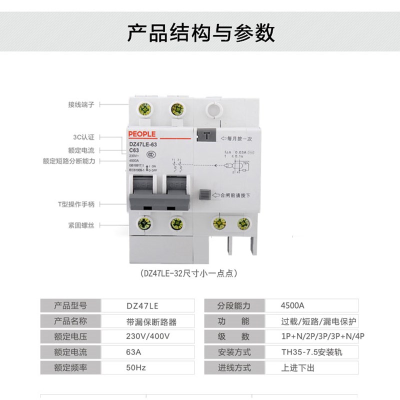 人民电器漏电保护器家用断路器2P漏保开关63a空开40a电闸带漏电1P