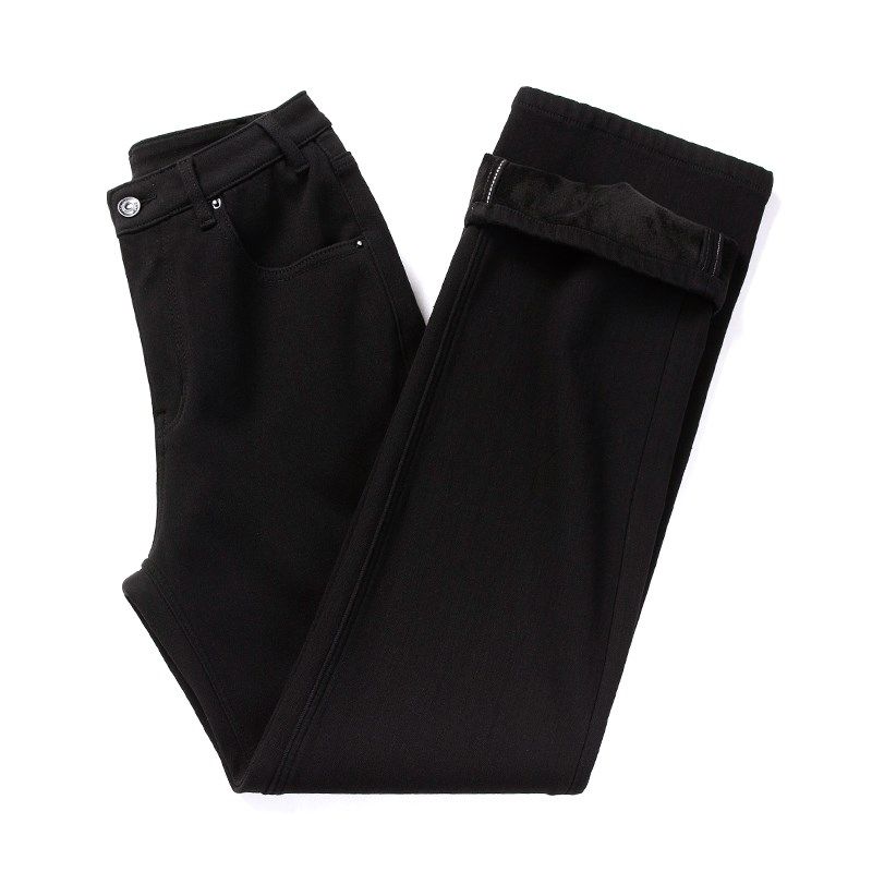 黑色加绒直筒牛仔裤女冬季新款宽松显瘦四面弹加厚保暖阔腿长裤子