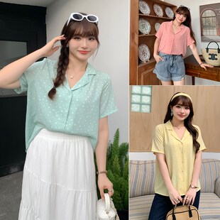 胖mm港风复古波点西装领短袖衬衫春夏大码女装宽松衬衣32073。