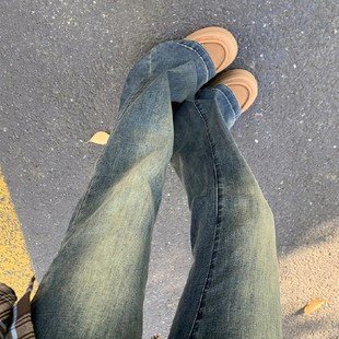 黄泥染微喇牛仔裤女夏季新款胖妹妹mm高腰显瘦阔腿裤梨形身材裤子