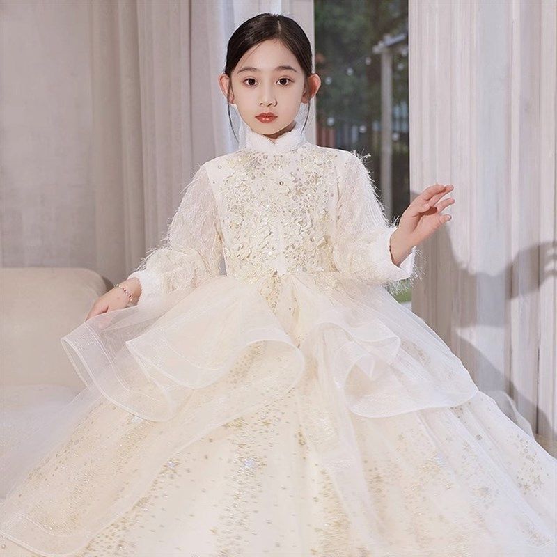 中大童钢琴生日晚礼服冬季蓬蓬纱裙小女孩微胖大码加绒加厚主持人