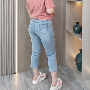 大码直筒开叉八分牛仔裤女夏季新款胖mm高腰显瘦弹力休闲烟管裤子