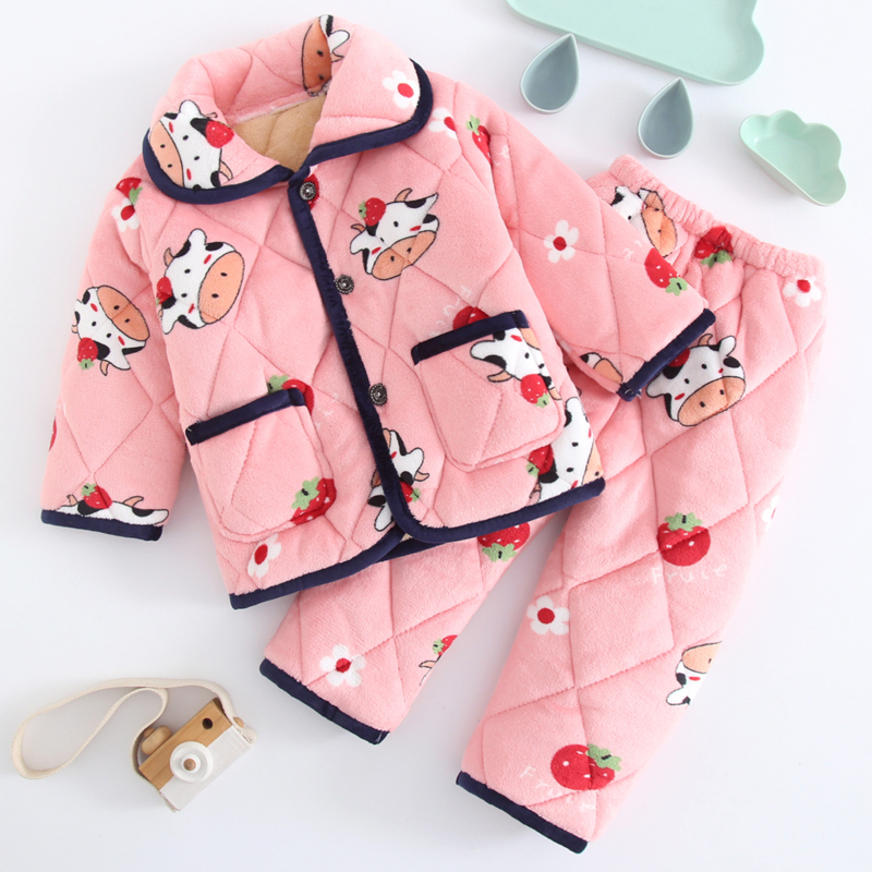 儿童睡衣冬季加厚款男孩女童三层夹棉法兰绒宝宝珊瑚绒家居服套装