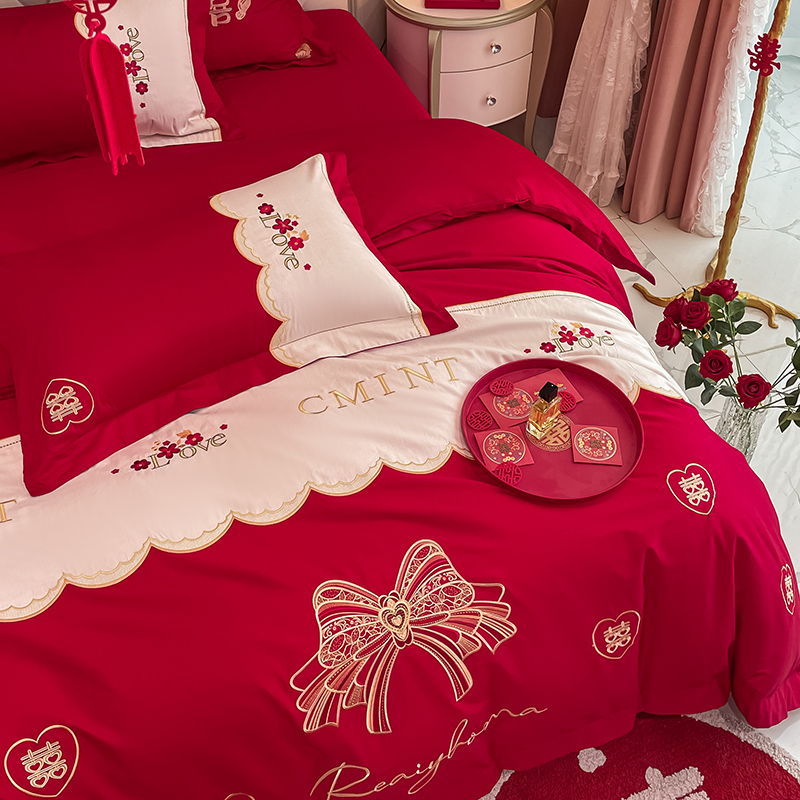蝴蝶结婚庆120支长绒棉四件套红色婚房全棉纯棉被套喜被床笠结婚4