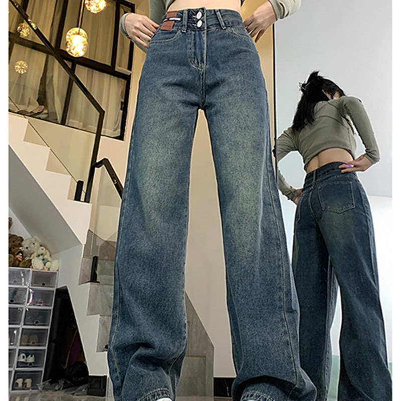 做旧水泥灰窄版直筒牛仔裤女秋冬高腰宽松显瘦小个子垂感阔腿长裤