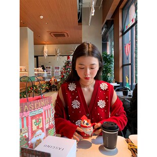 落落狷介 毛衣女款2024新款冬季两件套毛线衣红色绵羊毛开衫上衣