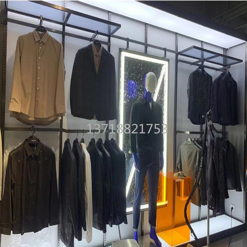 高端服装店展示架男装挂衣服架陈列架带灯发光靠墙高架双层组合架图片